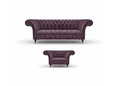 Chesterfield morado conjunto de sofá de sala de estar elegante de 3 plazas de tela sillón.