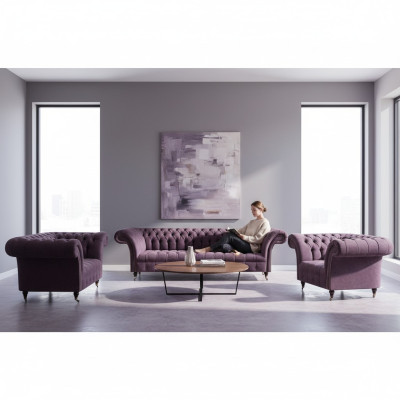Chesterfield Sofás de tela lila, sofás tapizados de diseñador, trajes de 3 piezas.