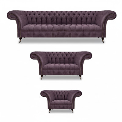 Chesterfield Sofás de tela lila, sofás tapizados de diseñador, trajes de 3 piezas.