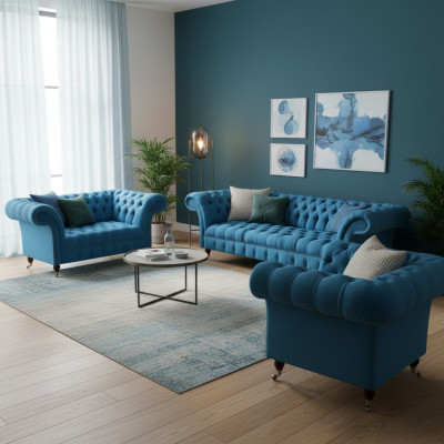 Chesterfield Muebles de asiento de diseñador azul claro Sofá de 3 plazas sofá de 2 plazas 3 piezas