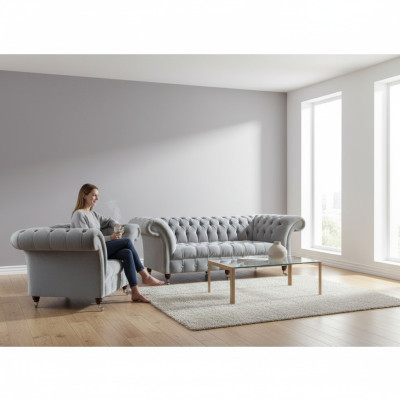 Chesterfield juego de tapicería gris claro, 2 sofás de diseñador de tela de 2 piezas.