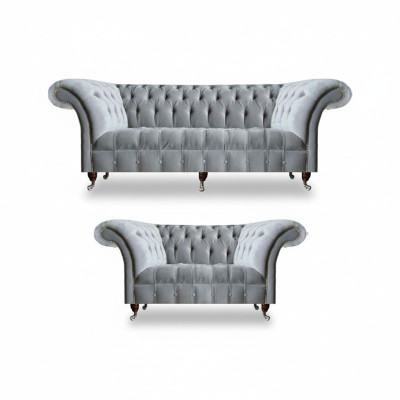 Chesterfield juego de tapicería gris claro, 2 sofás de diseñador de tela de 2 piezas.