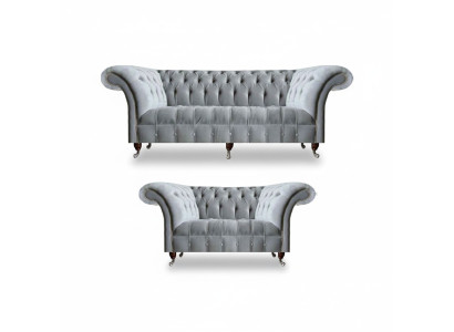Chesterfield juego de tapicería gris claro, 2 sofás de diseñador de tela de 2 piezas.