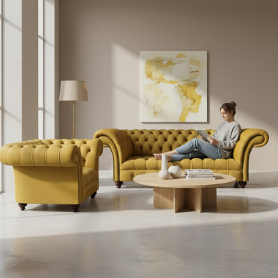 Salón moderno en amarillo con conjunto de sofás Chesterfield de 2 piezas.