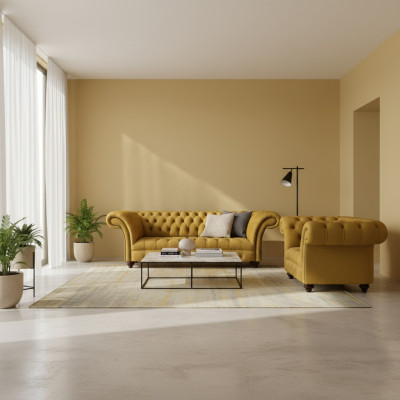 Salón moderno en amarillo con conjunto de sofás Chesterfield de 2 piezas.