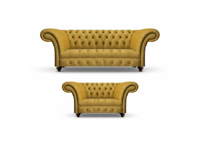 Salón moderno en amarillo con conjunto de sofás Chesterfield de 2 piezas.