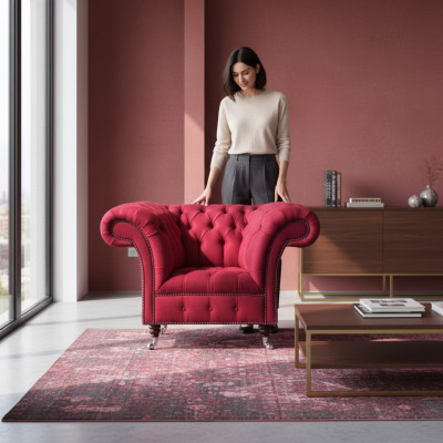 Sillón Chesterfield rosa, mueble de diseño de lujo, asiento de tela para la sala de estar.