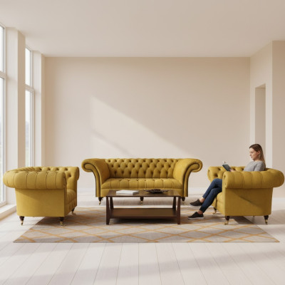 Conjunto de asientos amarillos Chesterfield, de diseñador, sofá de tres plazas, sillones de respaldo noble, 3 piezas.