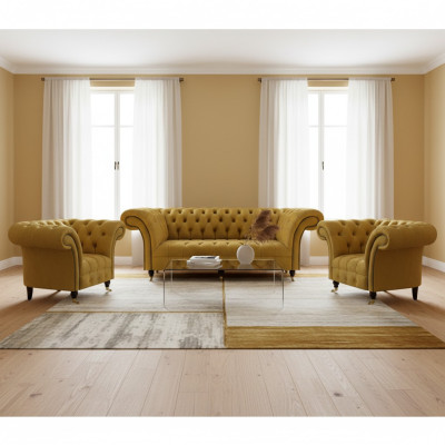 Conjunto de asientos amarillos Chesterfield, de diseñador, sofá de tres plazas, sillones de respaldo noble, 3 piezas.