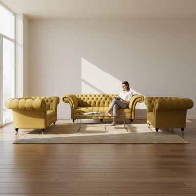 Noble amarillo Chesterfield conjunto de muebles tapizados en tela de sofá de 3 piezas.