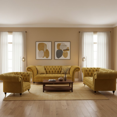 Noble amarillo Chesterfield conjunto de muebles tapizados en tela de sofá de 3 piezas.
