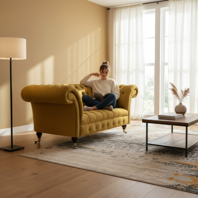 Sofá de dos plazas Chesterfield de diseñador, sofá de lujo amarillo para la sala de estar.