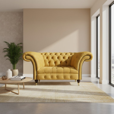 Sofá de dos plazas Chesterfield de diseñador, sofá de lujo amarillo para la sala de estar.
