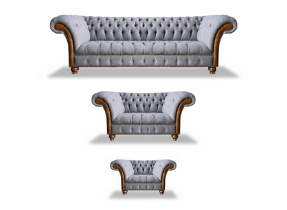 Chesterfield conjunto de sofá tapizado en gris claro textil de diseñador 3 piezas.