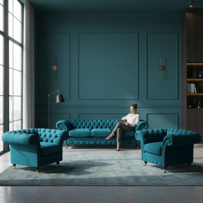 Sofás acolchados Chesterfield azules de sala de estar en textil, juego de 3 piezas.