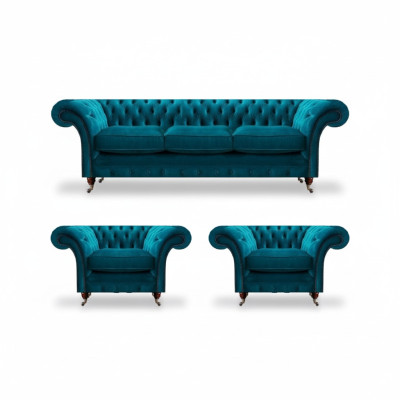 Sofás acolchados Chesterfield azules de sala de estar en textil, juego de 3 piezas.