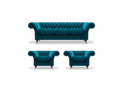 Sofás acolchados Chesterfield azules de sala de estar en textil, juego de 3 piezas.