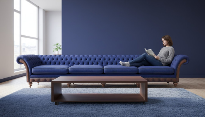 Sofá de salón Chesterfield azul de cuatro plazas, muebles tapizados exclusivos.