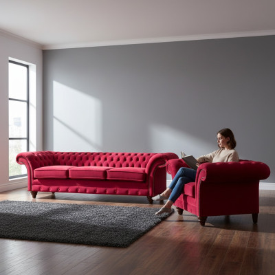 Chesterfield Conjunto de sofás rojos Sillón textil de lujo Relleno de tres plazas