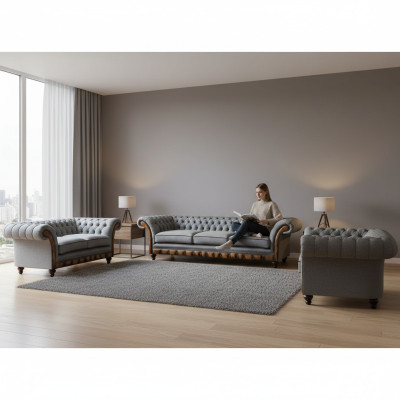 Chesterfield conjunto de sala de estar de muebles tapizados gris claro Sofá de lujo Conjunto