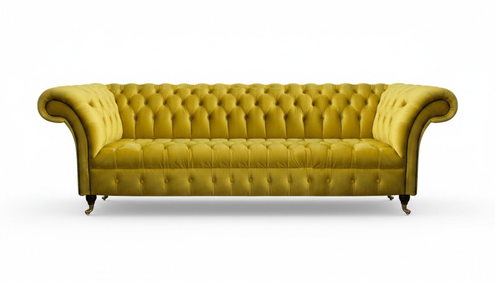 Chesterfield amarillo de cuatro plazas, muebles tapizados de diseñador, sofá de salón.
