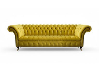Chesterfield amarillo de cuatro plazas, muebles tapizados de diseñador, sofá de salón.