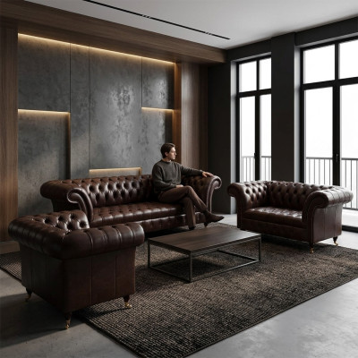 Sofás de cuero Chesterfield marrón diseñados de tres y cuatro plazas.