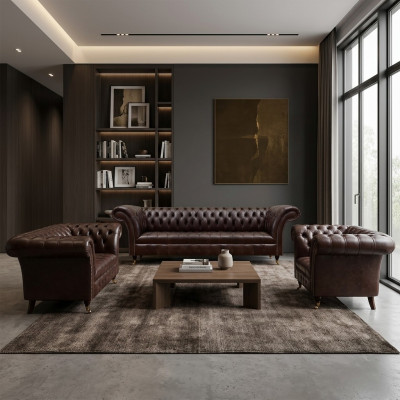 Sofás de cuero Chesterfield marrón diseñados de tres y cuatro plazas.