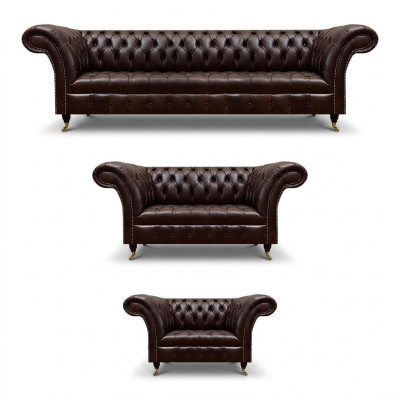 Sofás de cuero Chesterfield marrón diseñados de tres y cuatro plazas.