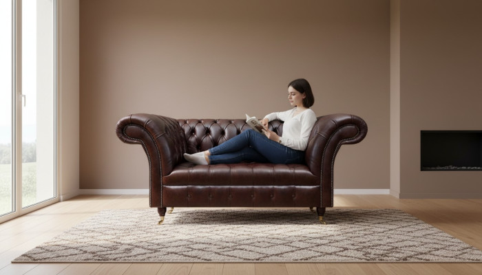 Sofá de cuero Chesterfield marrón. Sofá de cuero sintético de diseñador de dos plazas.
