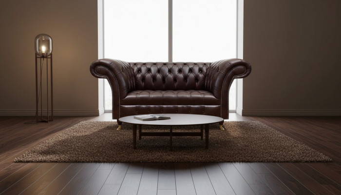Sofá de cuero Chesterfield marrón. Sofá de cuero sintético de diseñador de dos plazas.