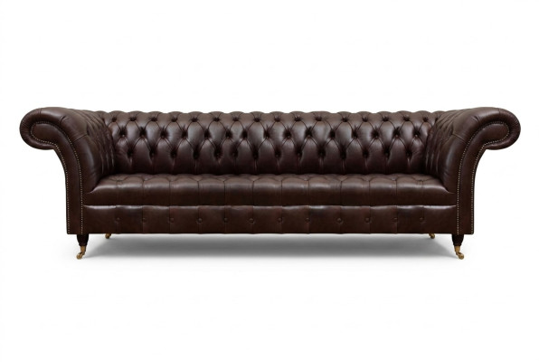 Sofá moderno de cuero sintético Chesterfield marrón de cuatro plazas