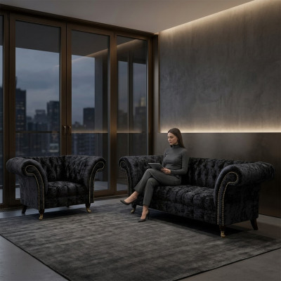 Chesterfield Muebles tapizados negros Sofá de diseñador para sala de estar Sillón 2 piezas