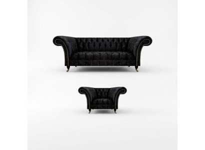 Chesterfield Muebles tapizados negros Sofá de diseñador para sala de estar Sillón 2 piezas