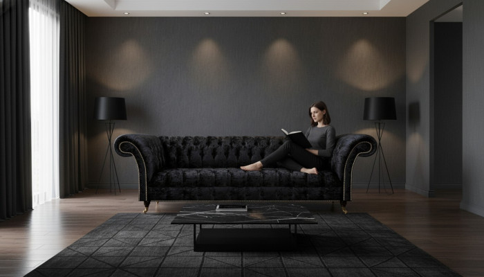Chesterfield Moderno Sofá Negro de Cuatro Plazas Muebles tapizados de lujo de 4 plazas