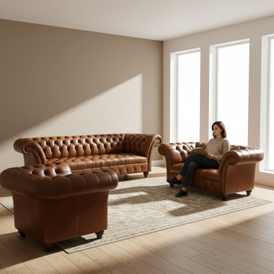 Chesterfield Conjunto de cuero marrón Sofás exclusivos Sillón de diseño