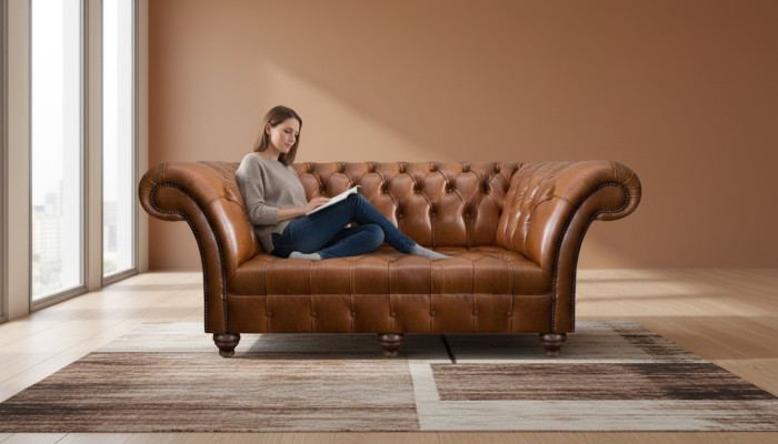 Sofá de cuero Chesterfield marrón de tres plazas, salón moderno de sofás tapizados.