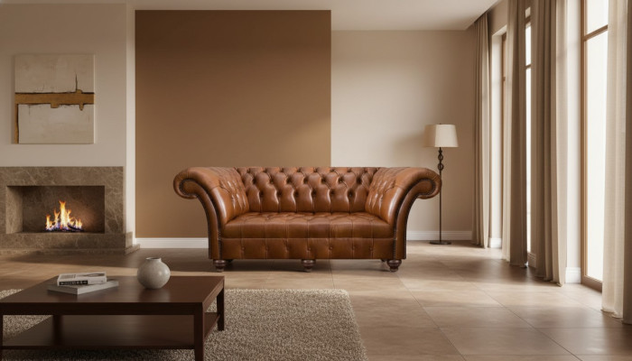 Sofá de cuero Chesterfield marrón de tres plazas, salón moderno de sofás tapizados.