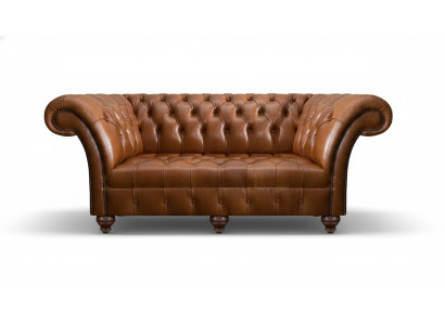 Sofá de cuero Chesterfield marrón de tres plazas, salón moderno de sofás tapizados.