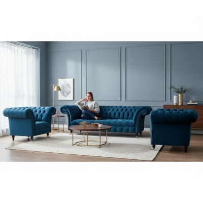 Chesterfield Conjunto de sofás azules moderno para sala de estar completo