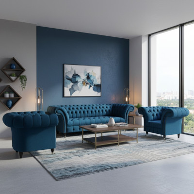 Chesterfield Conjunto de sofás azules moderno para sala de estar completo
