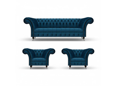 Chesterfield Conjunto de sofás azules moderno para sala de estar completo