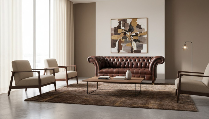Sofá Chesterfield de cuero sintético marrón, diseñador de muebles de sala de estar.
