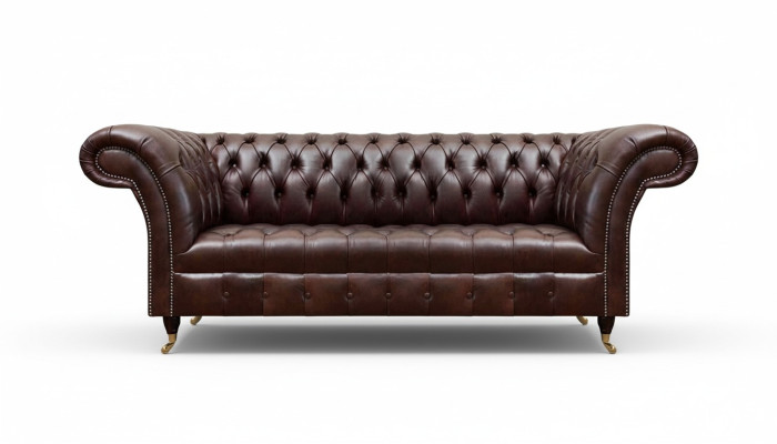 Sofá Chesterfield de cuero sintético marrón, diseñador de muebles de sala de estar.