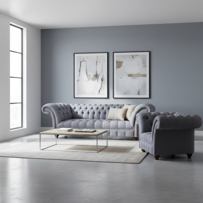 Sofá tapizado en gris de diseñador Chesterfield, modernos sofás de tela 2 piezas.