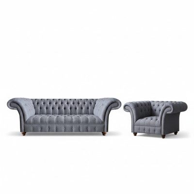 Sofá tapizado en gris de diseñador Chesterfield, modernos sofás de tela 2 piezas.