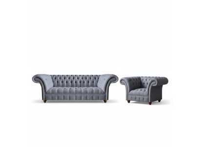 Sofá tapizado en gris de diseñador Chesterfield, modernos sofás de tela 2 piezas.
