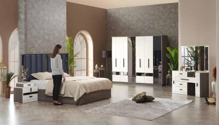 Juego de lujo para dormitorio cama 2x mesitas de noche muebles completos 5 pz armario de lujo