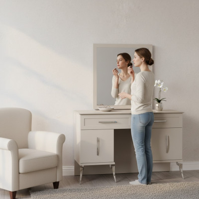 Mueble de dormitorio de madera gris de diseño moderno con espejo