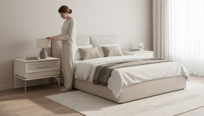 Cama moderna con 2 mesitas de lujo de diseño en madera
